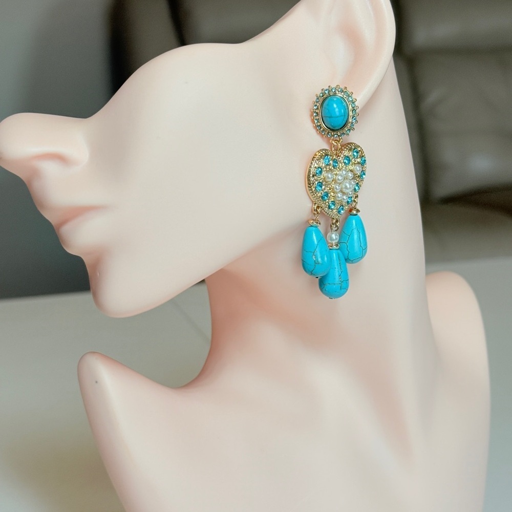 ⚜️ Turquoise Heart Drop Earrings - Gold Tone Women Jewelry - Picture 6 of 10